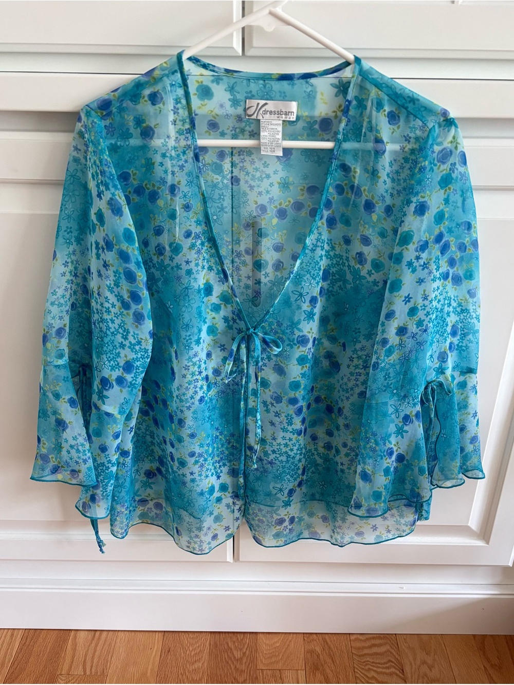 Sheer Dress Barn Chiffon Blouse with Tie Closure and Bell Sleeves Blue Pattern